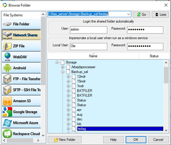 input the path of a network shared folder